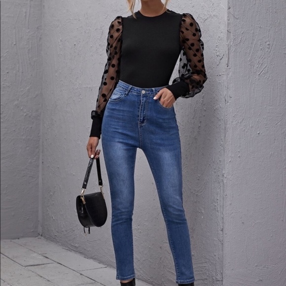 Classic Black Fitted sheer long sleeve polka dot blouse - Picture 2 of 5